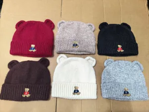 Cute bear ear knit beanie winter warm wool hat with embroidered M bear design for women.
