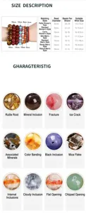 Natural stone loose beads size chart guide and characteristic detail presentation for DIY jewelry.