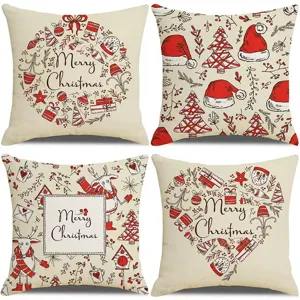 Christmas linen throw pillow cover detail view featuring festive holiday red white print.