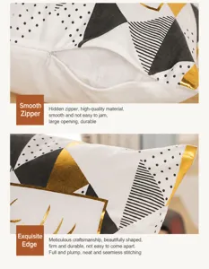 Detailed view of geometric gold foil pillow cover, soft cushion case showcasing zipper.