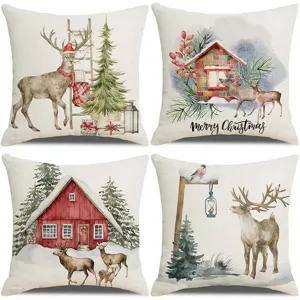 Christmas linen pillow cover set watercolor deer cabin decorative throw pillow cushion 4pcs