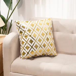 Luxury gold stamped throw pillow with geometric pattern, soft plush cushion cover for sofa bed.