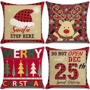 Christmas pillow cover detail featuring festive holiday prints like Santa hat and reindeer.