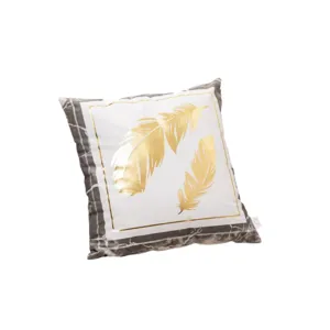Luxury gold feather throw pillow with grey marble border, soft short plush sofa cushion cover.