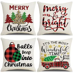 Christmas throw pillow covers 4pcs set buffalo plaid truck holiday home decor linen 18x18