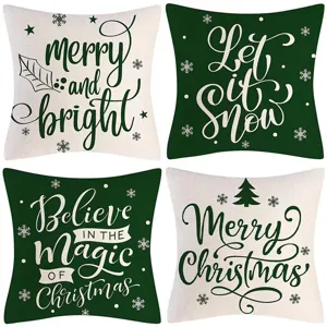 Christmas throw pillow covers set, green and white linen cushion covers for holiday decor.