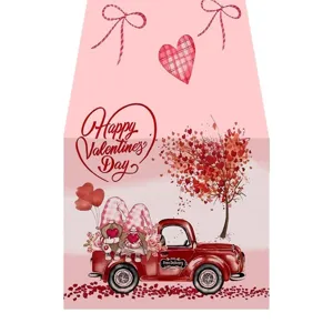 Valentine's Day Table Runner Pink Gnome Truck Holiday Party Home Decor Tablecloth