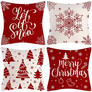 Christmas throw pillow covers set, red and white linen decorative cushions for sofa holiday decor