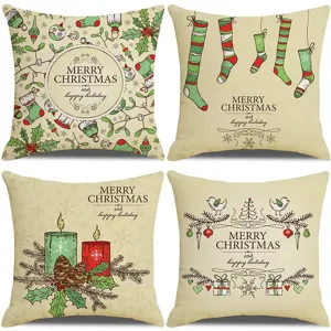 Detailed view of Christmas linen cushion cover featuring festive holiday elements and patterns.