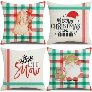 Christmas throw pillow covers with cute gnomes and plaid patterns for winter decor.