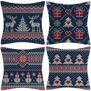 Christmas pillow covers set, festive Nordic knit pattern sofa cushion cases for winter decor.
