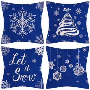 Christmas snowflake pattern linen pillow cover set, blue decorative sofa cushion case for winter.