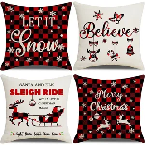 Christmas cushion cover detail showing festive red and black plaid patterns with English text.
