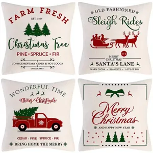 Christmas throw pillow cover set featuring festive farmhouse truck and holiday tree prints.