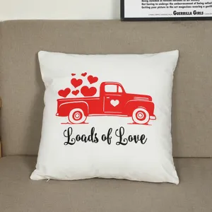 Valentine red truck love heart pillow cover detail, cozy sofa cushion decor, soft fabric.