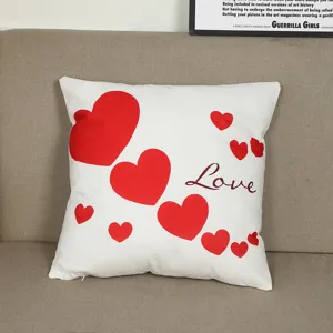 Valentine red heart plush pillowcase detail shot showing soft fabric and romantic love print.