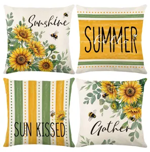 Summer sunflower throw pillow covers set with cute bee and inspiring text prints for home decor.