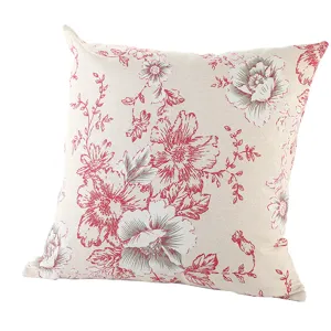 Close-up view of European vintage floral throw pillow cover with elegant red peony pattern.