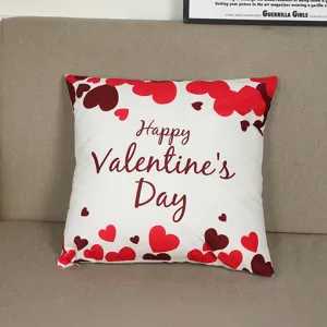 Valentine's Day plush throw pillow cover with red heart pattern and festive typography.