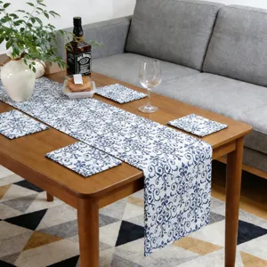 Pastoral Style Floral Blue And White Porcelain Printed Linen Table Runner Long Table Cloth For Home Kitchen Dining Decor