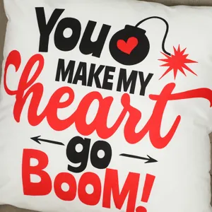 Detailed shot of a plush Valentine cushion cover featuring a heart bomb design and bold text.