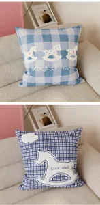 Cozy cream plaid throw pillow with cute rocking horse design, soft sofa cushion for home.