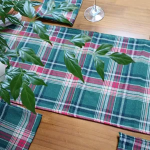 Red and green plaid table runner and placemat set, rustic fabric dining table decor.