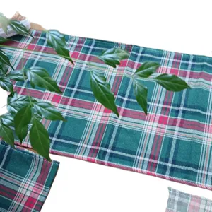 Green red plaid table runner linen fabric pastoral style dining table decor long strip