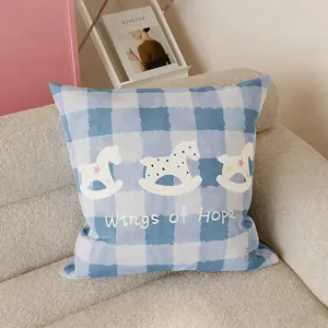 Cream style blue plaid sofa pillow with cute rocking horse print, cozy home living decor.