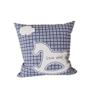 Blue and white plaid decorative throw pillow with rocking horse pattern for sofa.