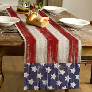 American Independence Day table runner featuring watercolor stripes and white stars for festive dining.