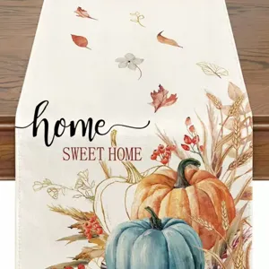 Detalle camino de mesa calabaza otoño, ropa de mesa lino decoración Thanksgiving.