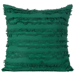 Dark green cotton fringe cushion cover detail, bohemian style decorative throw pillow.