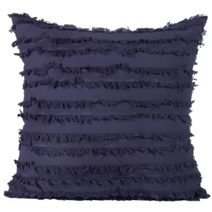 Bohemian style dark blue cotton cushion cover featuring chic horizontal fringe stripes.