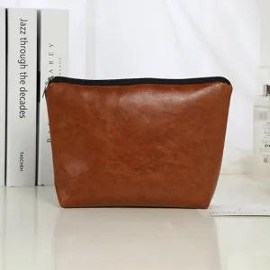 Brown faux leather cosmetic bag zipper makeup pouch travel portable toiletry storage bag