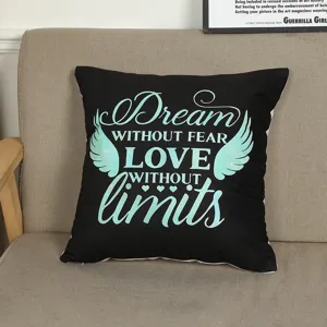 Black decorative throw pillow cover with inspirational English quote and wings design for sofa.