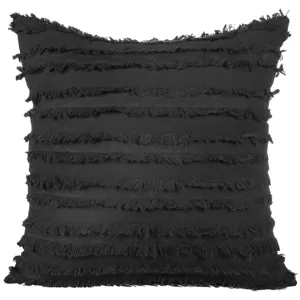 Black bohemian fringe pillow cover detail showing textured layered striped fabric design.