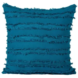 Blue boho fringe throw pillow cover, textured cotton decorative square cushion case for sofa.