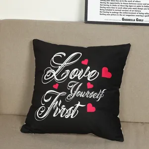 Black throw pillow cover with inspirational text print, modern sofa cushion case decor.