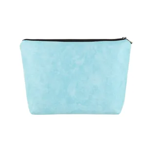 Light blue PU leather makeup pouch detail shot, compact cosmetic bag with black zipper.