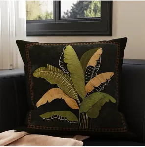 Vintage retro banana leaf embroidered throw pillow for living room sofa bedroom couch decor.