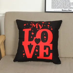 Valentine's Day black pillow cover with red love heart print, modern minimalist home sofa decor