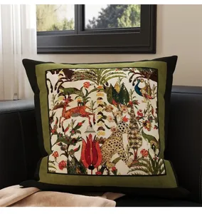 Vintage retro throw pillow detail view, artistic animal botanical print cushion for sofa bed