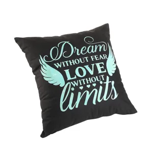 Close-up detail of black throw pillow cover featuring inspirational quote and angel wings.