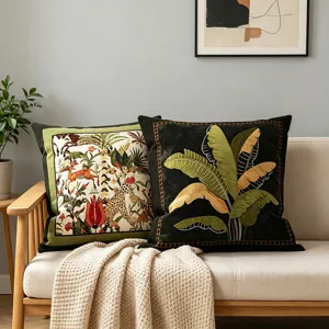 Vintage retro throw pillow for living room sofa and bedroom bed decor with botanical floral print.