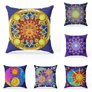 Bohemian mandala pillow covers detail, assorted sun and moon floral printed cushion cases.
