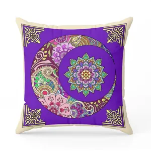Bohemian mandala throw pillow cover detail, vibrant purple floral accent for sofa decor.