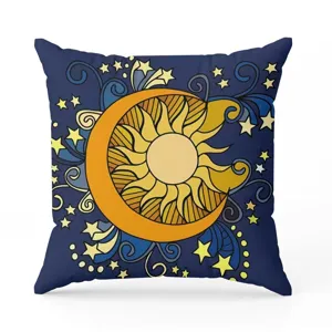 Bohemian sun moon stars pattern cushion cover, blue square pillow case for sofa home decor.