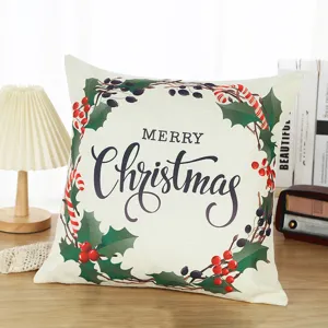 Christmas linen throw pillow cover with festive wreath and MERRY CHRISTMAS text design.