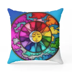 Bohemian sun moon pillow cover, colorful mandala art throw pillow, soft bedroom home decor detail.